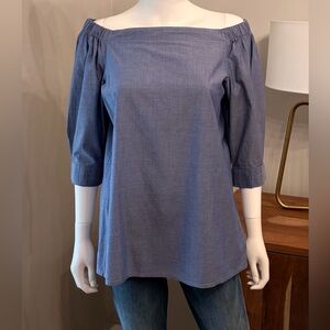 Theory Joscla Icon Off-the-Shoulder Chambray Blouse - EUC Size M